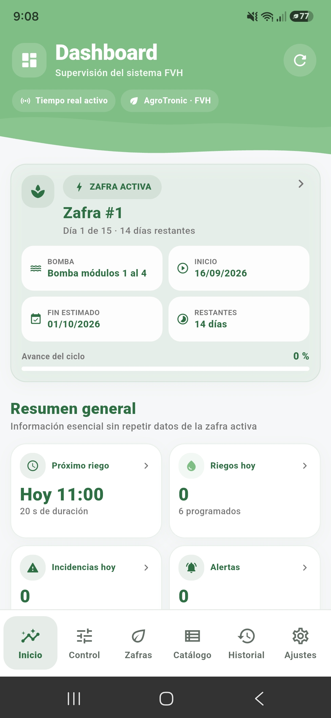 Dashboard principal de la aplicación móvil del sistema FVH