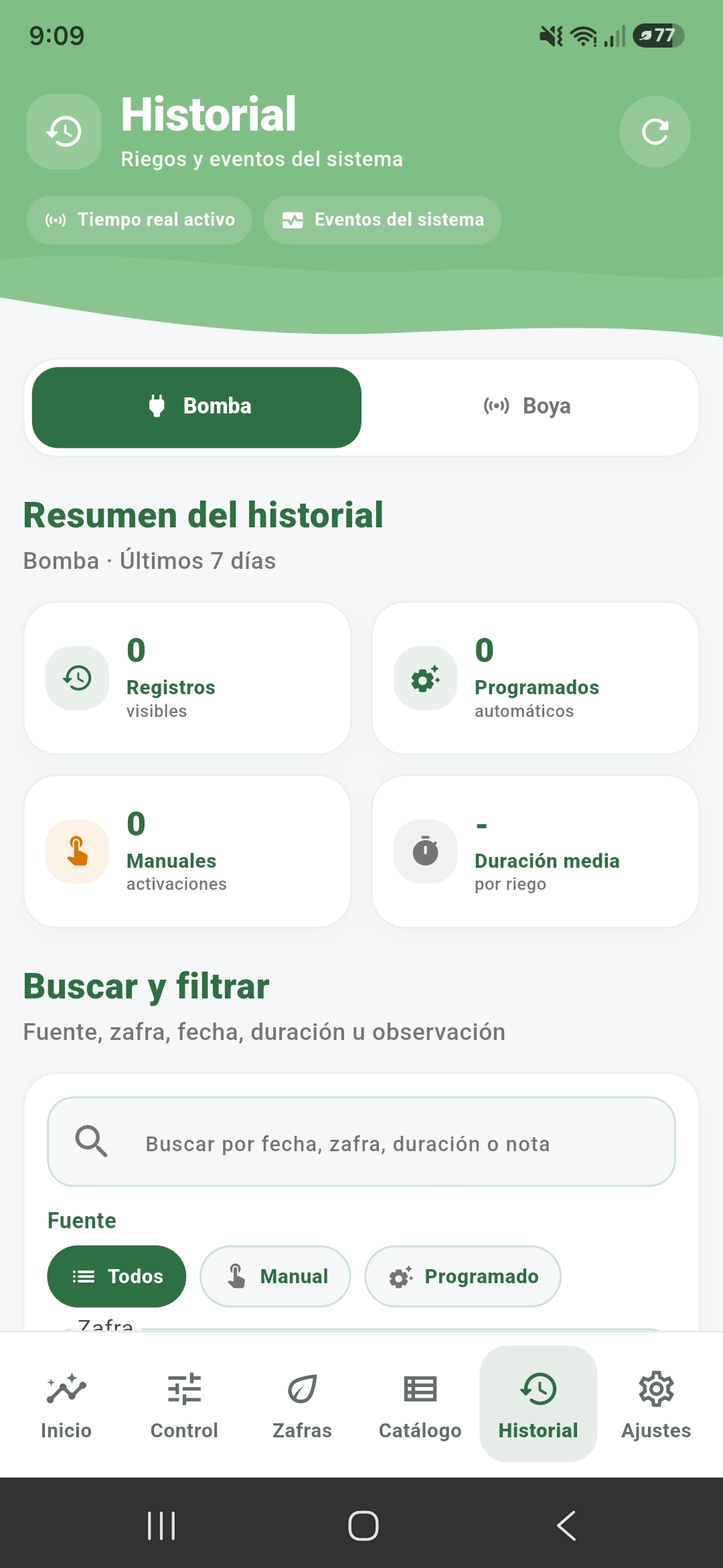 Historial de operaciones y riegos de la aplicación FVH